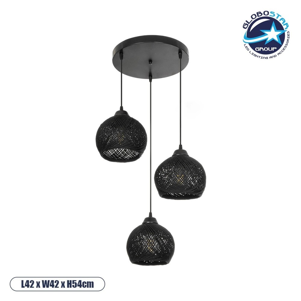 GLOBOSTAR® YASAM 203-0022 Vintage Κρεμαστό Φωτιστικό Οροφής με Ντουί 3 x E27 AC 220-240V IP20 - Μαύρο - Μ42 x Π42 x Υ54cm